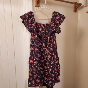 Vintage Route 66 Junior's L Navy Floral Dress with Ruffled Sleeves & Pockets